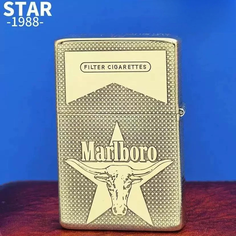 STAR Flat Head Brass Inlaid Slanted Logo Marlboro Grinding Wheel Windproof Kerosiene Lighter Steel Ball Liner Men's Holiday Gift