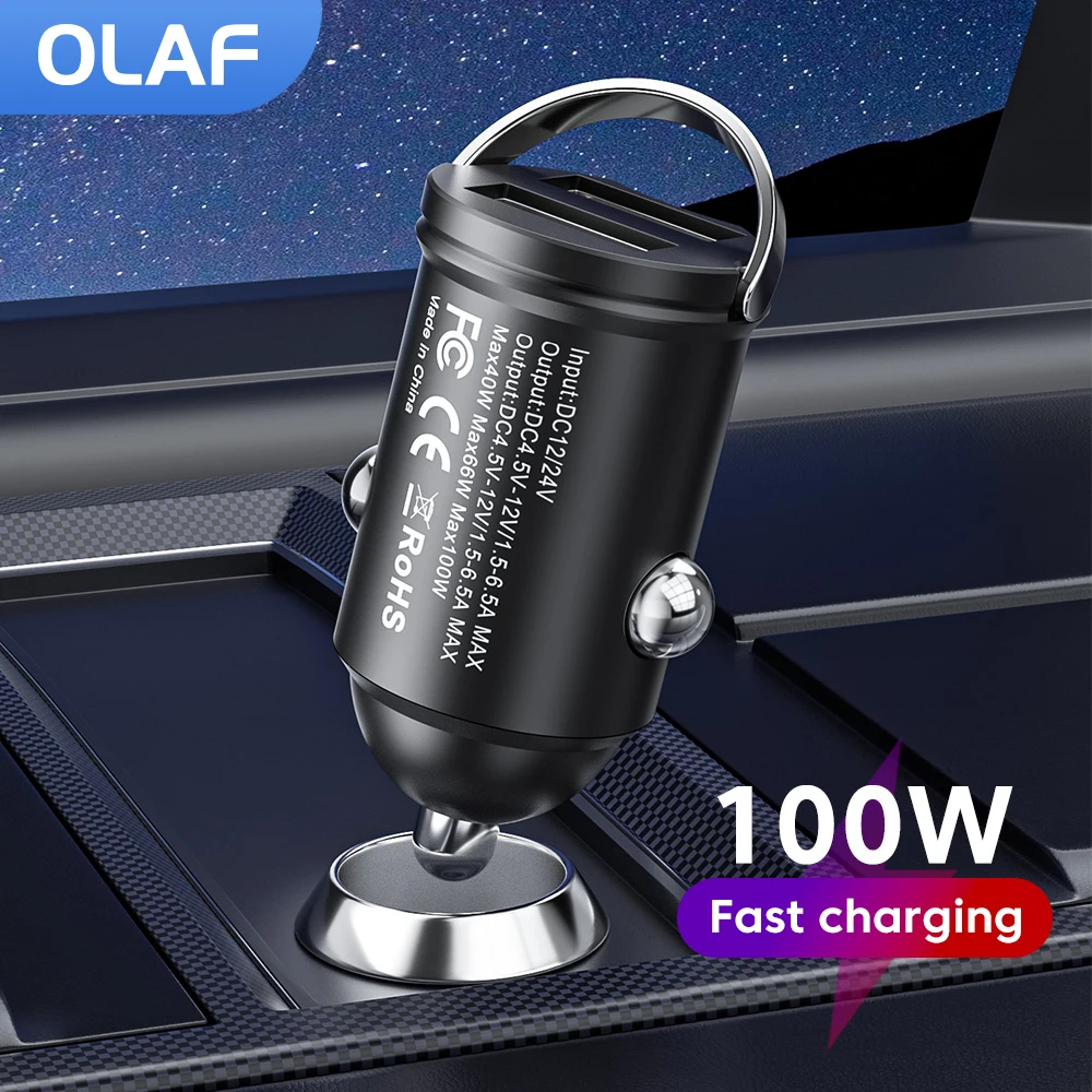 Olaf 100W Mini Dual Ports USB Car Charger Lighter Fast Charging Car Phone Charger Adapter For iPhone 13 12 Xiaomi Huawei Samsung