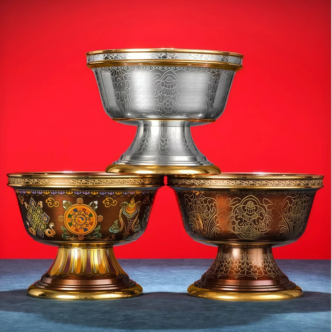 Tibetan Copper Offering Bowls Decorative Holy Water Cups with Eight Auspicious Symbols for Buddhist Altar And Meditation