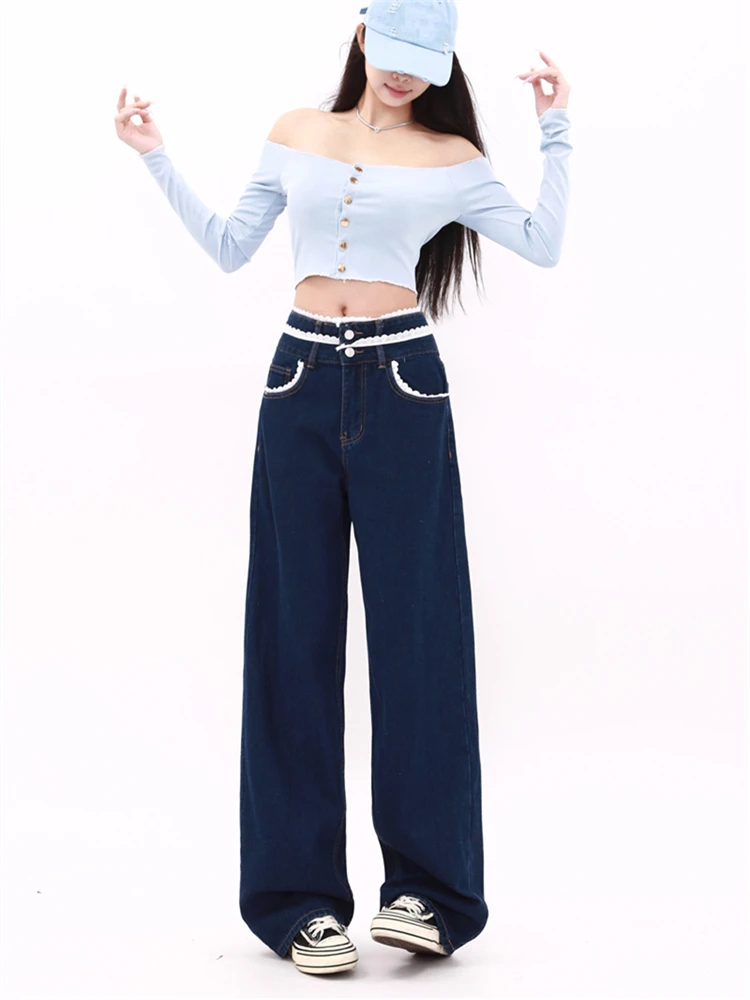 Damskie jeansy z wysokim stanem, niebieskie, z koronkowymi przeszyciami, w stylu cool girl vintage, spodnie streetwearowe, damskie, codzienne, szerokie nogawki, spodnie dżinsowe.