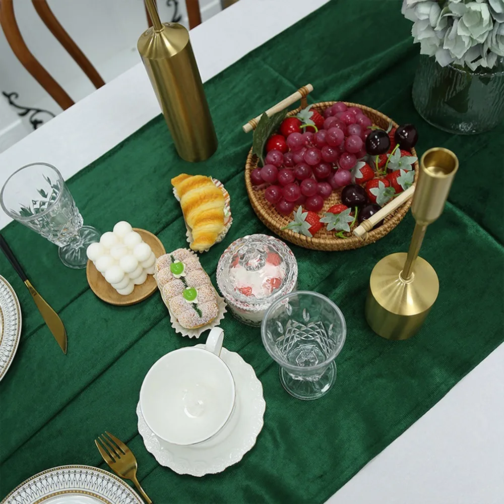 Green Velvet Table Runner Soft Texture Stitched Edge Table Linen Overlay 70x300cm Rectangular Shape Soft Velvet Fabric Runner