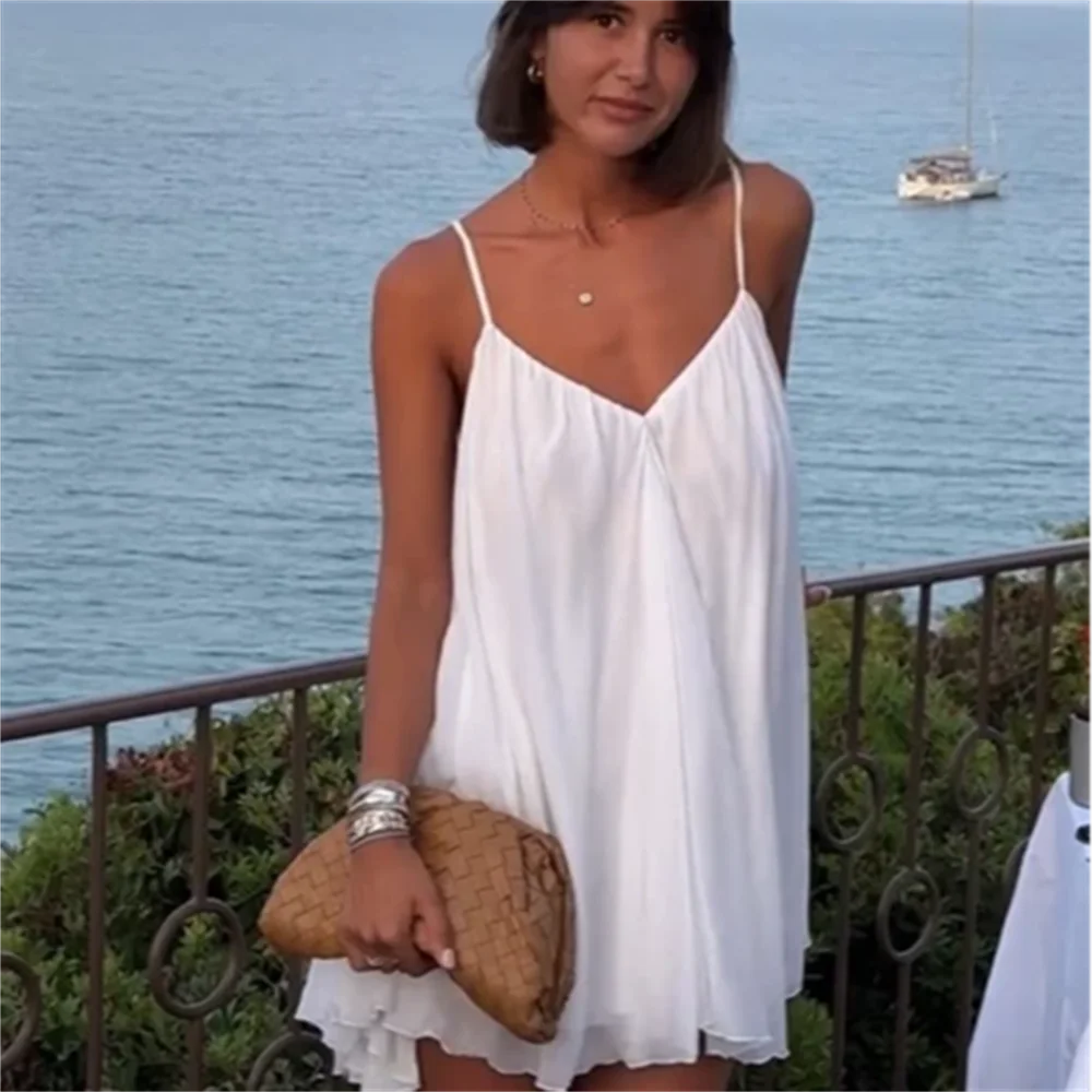 European And American Style 2024 Summer Women\'s Clothing New Fashionable Temperament Solid Color Chiffon Wuspender Short Dress