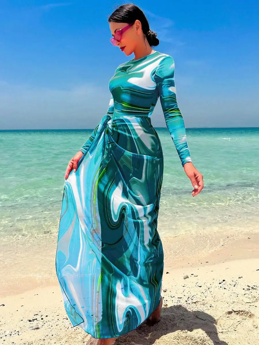 

One Piece Swimsuit With Beach Skirt Allover Print Summer Beach Cover Up