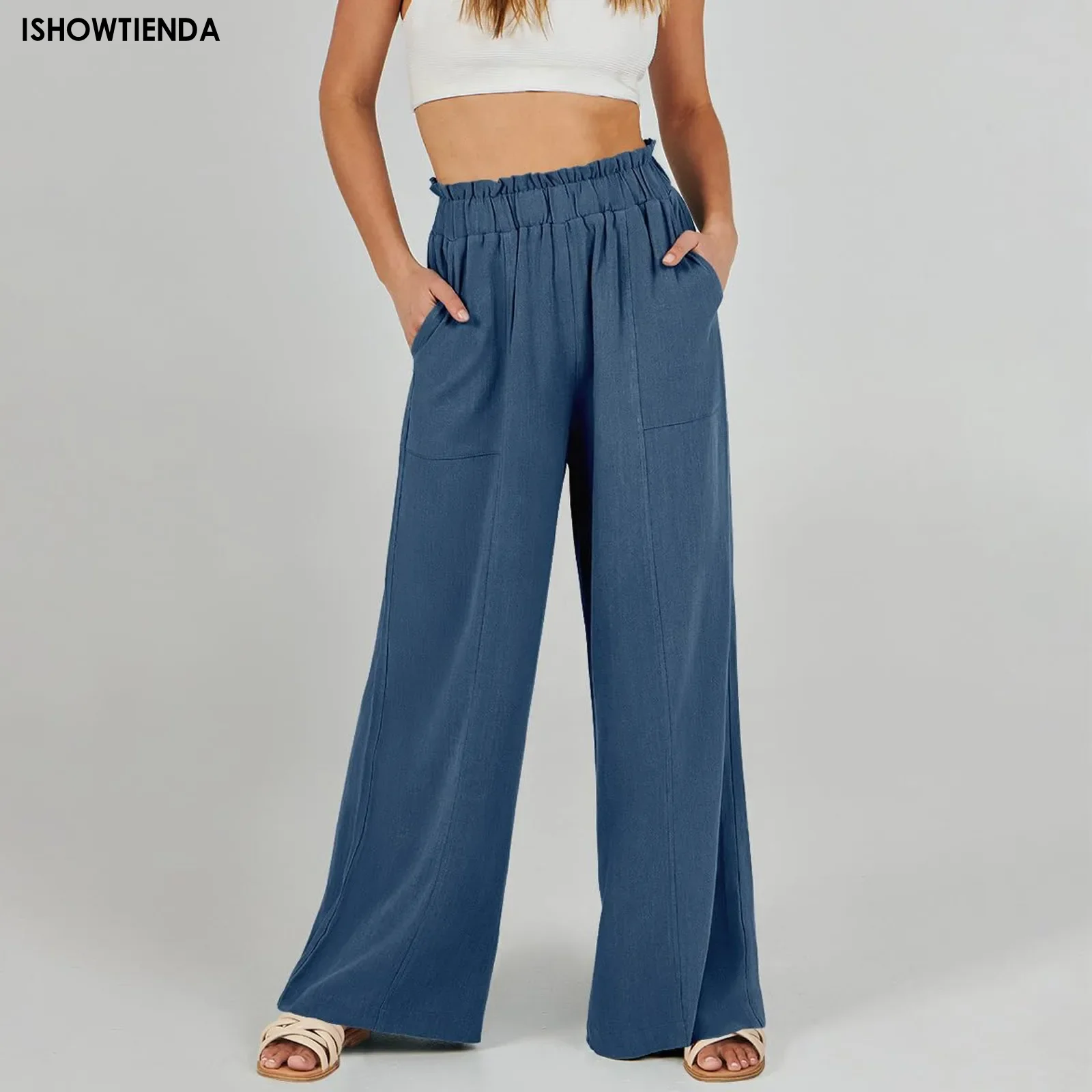 

Women's Cotton Linen Pants Summer Wide Leg Casual Loose Drawstring High Waist Palazzo Pants Trousers With Pockets
