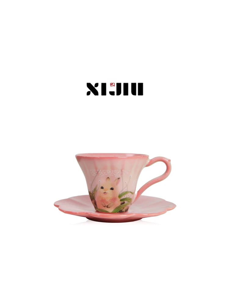 Handmade Ceramic Coffee Cup French Style Small  Owner Cup with Rabbit Frosting Design for Home Ceremony Sense Use