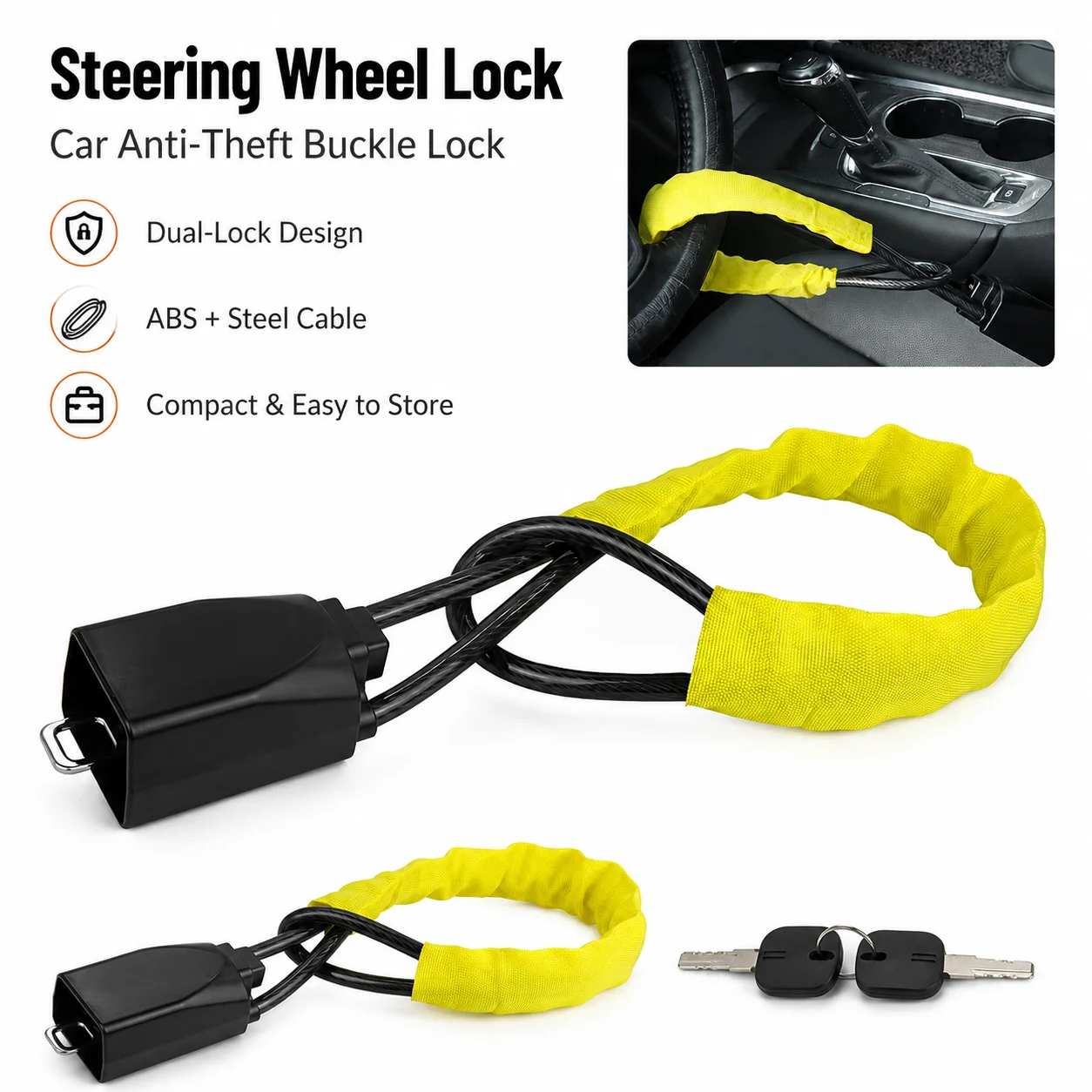 Car Steering Wheel Cable Lock ABS Steel Wire Keyed Lock Compact Portable Car Security Accessory for Parking Travel Daily Use