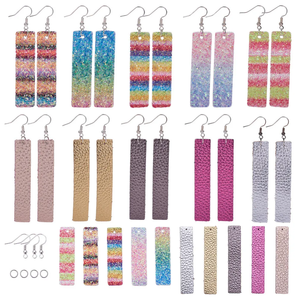 DIY 10Pairs Rectangle Leather Earrings Making Starter Kit with Cowhide Leather Sequins Pendants Brass Earrings Hook Jump Rings