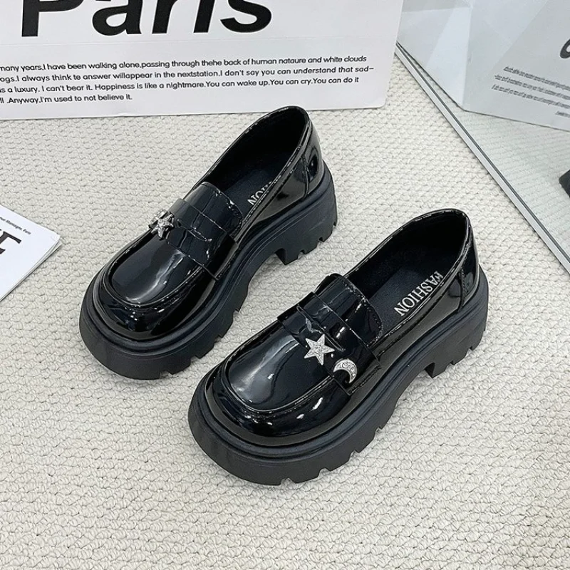 Women Star Decor Platform Loafers, Dark Sweet JK Academy, Y2K Millennium Girl, Vintage Chunky Height Increasing Uniform Shoes