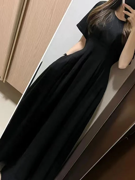 Chic ort Sve T-shirt Dr femme ronde Ne taille plissée minceur Simple Match a-ligne jupe longue tendance coton Dr