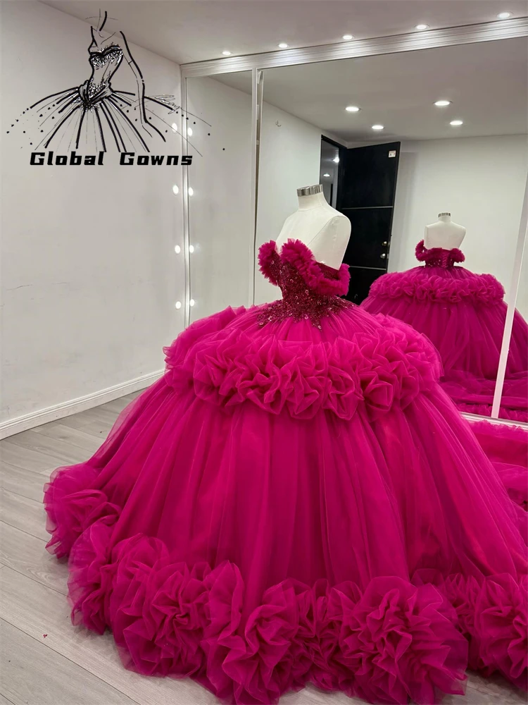 

rose pink Off Shoulder Quinceanera Dress Tull crystal applique Long tail Lace ruffles vestidos de 15 Quinceanera Customized