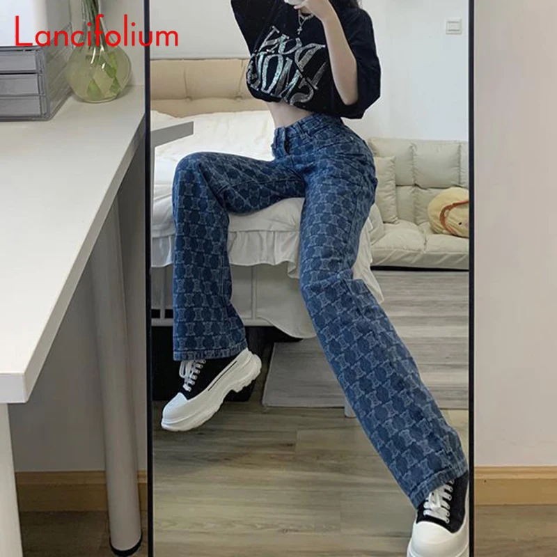 Streetwear Blue Plaid Denim Pants Summer Thin Korean Vintage Harajuku Print Baggy Wide Leg MAXI Straight Jeans Pants Women 2022