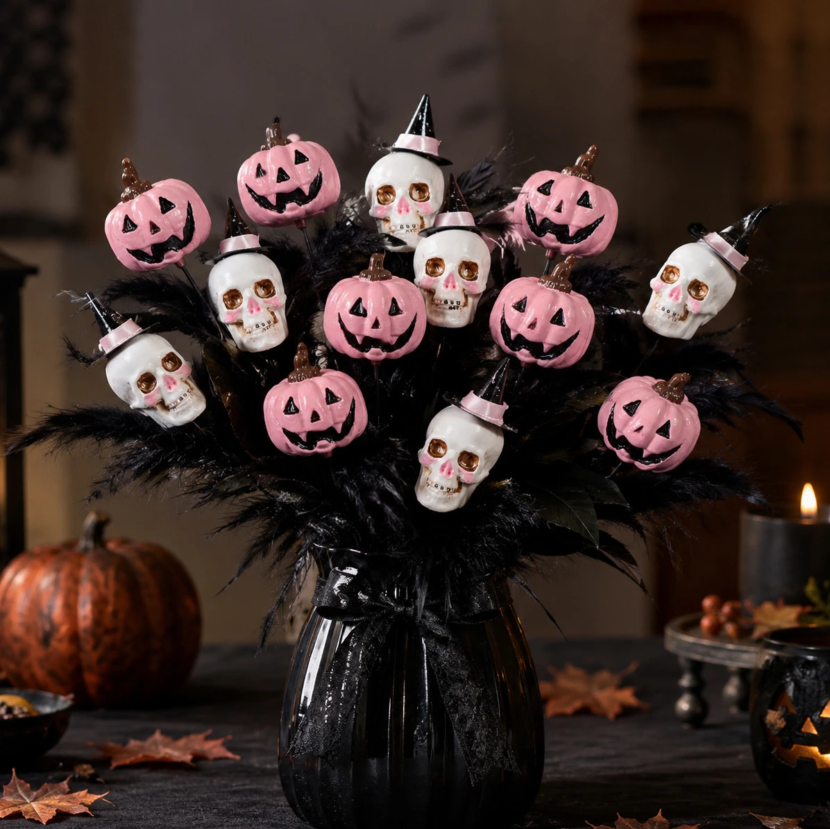

Skull feather Stem Halloween Skulls Heads Fake Flowers Dining Room Table Decor Artificial Adornment Bride feather Flower Branch