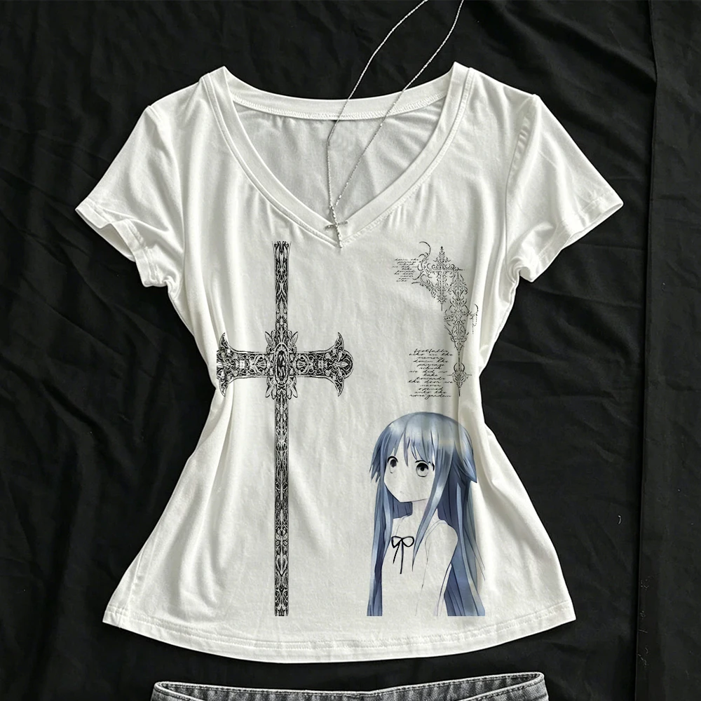Women's T-shirt, women's T-shirt, K-pop T-shirt, Y2K style clothing, women's aesthetic clothing, Gothic star women's Y2K top, Go