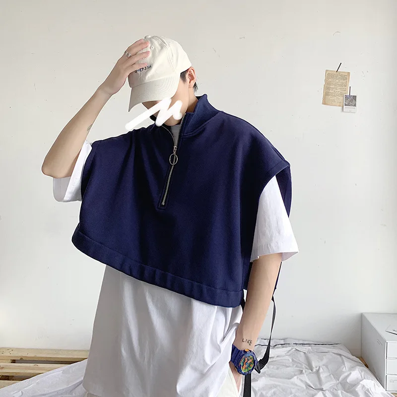 New Vest Stand Collar Coat Men Tooling Korean Sleeveless Vests Summer Day System Small Zipper Everything DJ Trend Jacket Tide