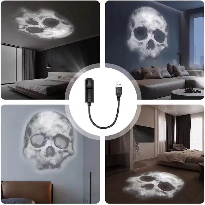 Lampe de Projection de crâne USB, veilleuse d'halloween, plafond foncé, mur, lumière d'ambiance, rotation à 360 degrés, conception de motif commutable
