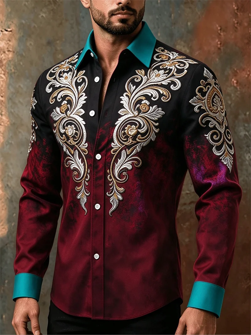 New men's shirt with black wine red satin, gold and silver rolls, grass green collar, slim fit, trendy men's shirt