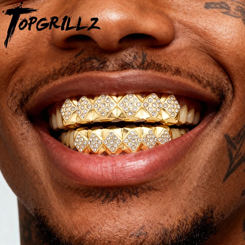TOPGRILLZ Geometry Shape Iced Out 5A CZ Tooth Set 6 Top& 6 Bottom Mouth Teeth Cap Removable Dental Grills For Unisex Jewelry