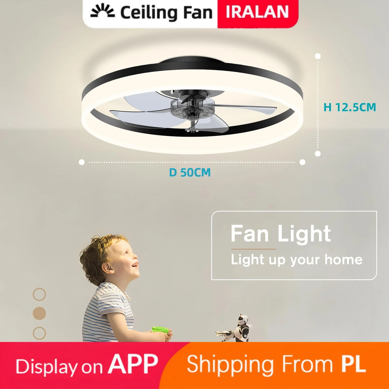 Ventilateur de plafond moderne IRALAN avec éclairage LED, télécommande et application, 6 vitesses de ventilation ​ ​ Ventilateur de plafond avec lumière, décoration simple pour la maison