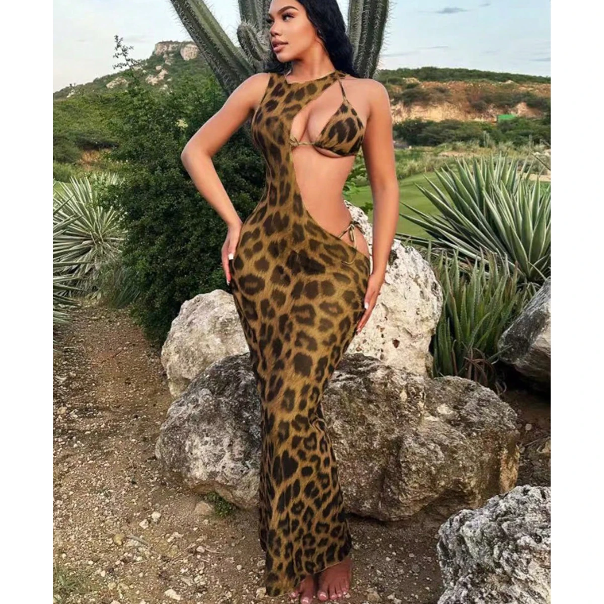 Sexy Leopard Print Triangle Bikini Paired with Long Skirt Featuring Halter Neck Tie-up Design Waist Baring Cut Female Biquini