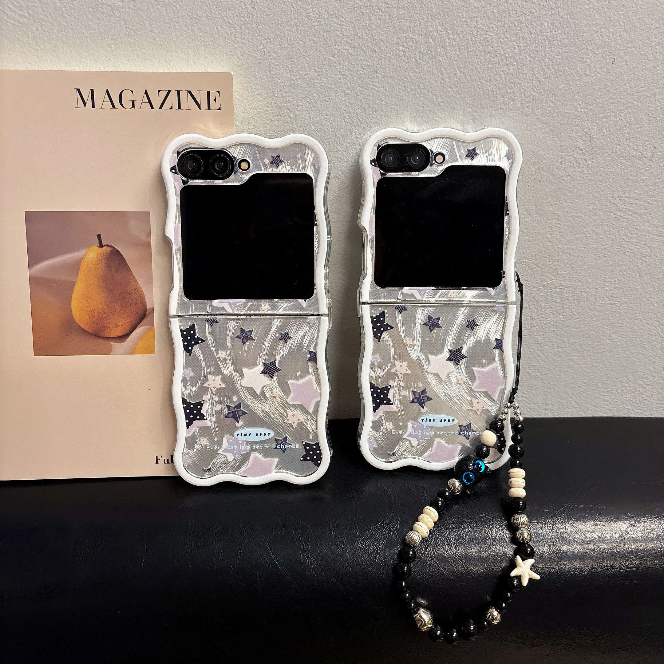 

Back Cover For Samsung Galaxy Z Flip 6 5 4 7 Case Silver Paper Stars with Bracelet Chain Shockproof Phone Case