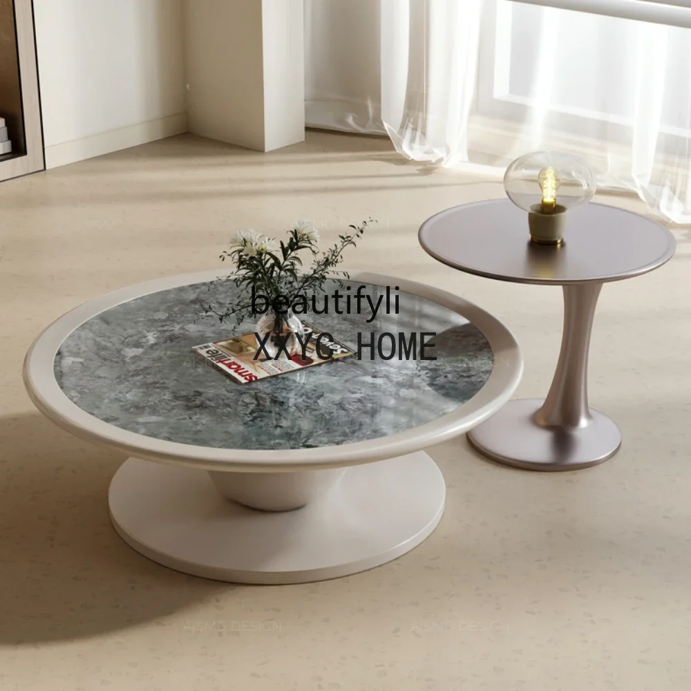 

Light French Cream Style Stone Plate Coffee Table Living Room round Modern Minimalist Combination Coffee Table
