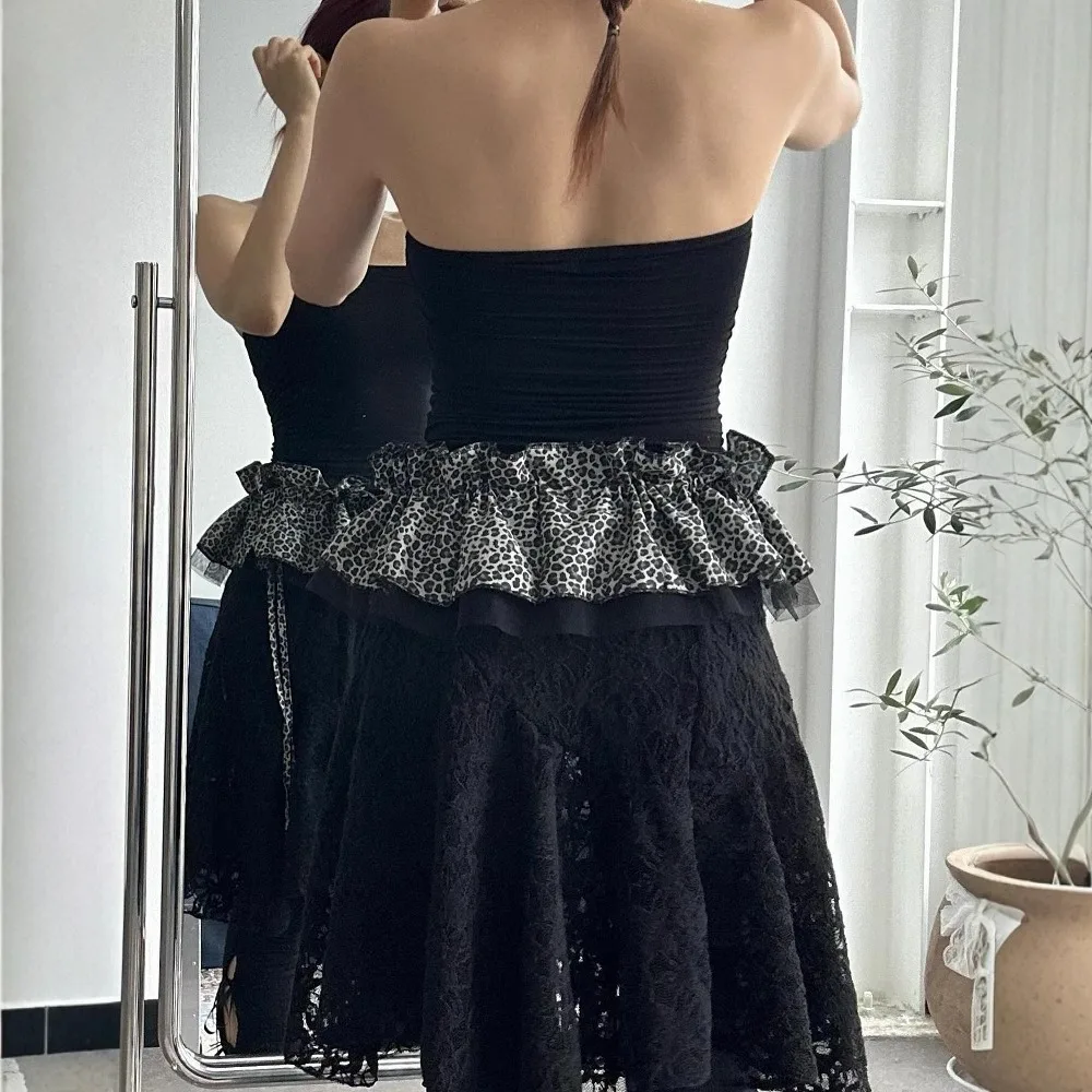 

Fashion Korean Style Mini Skirt Mesh Leopard Waist Pleated Skirts Lace Up Y2K Ruffles Skirt Ladies