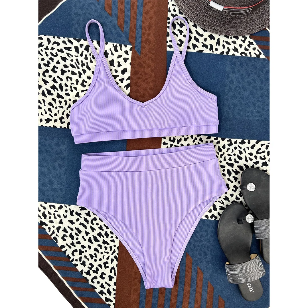 Neuer, gerippter, gepolsterter Bikini mit hoher Taille in 4 Farben, Damen-Badeanzug, zweiteiliges Bikini-Set, Badebekleidung, Badeanzug, Modell V3768. – Detail 16