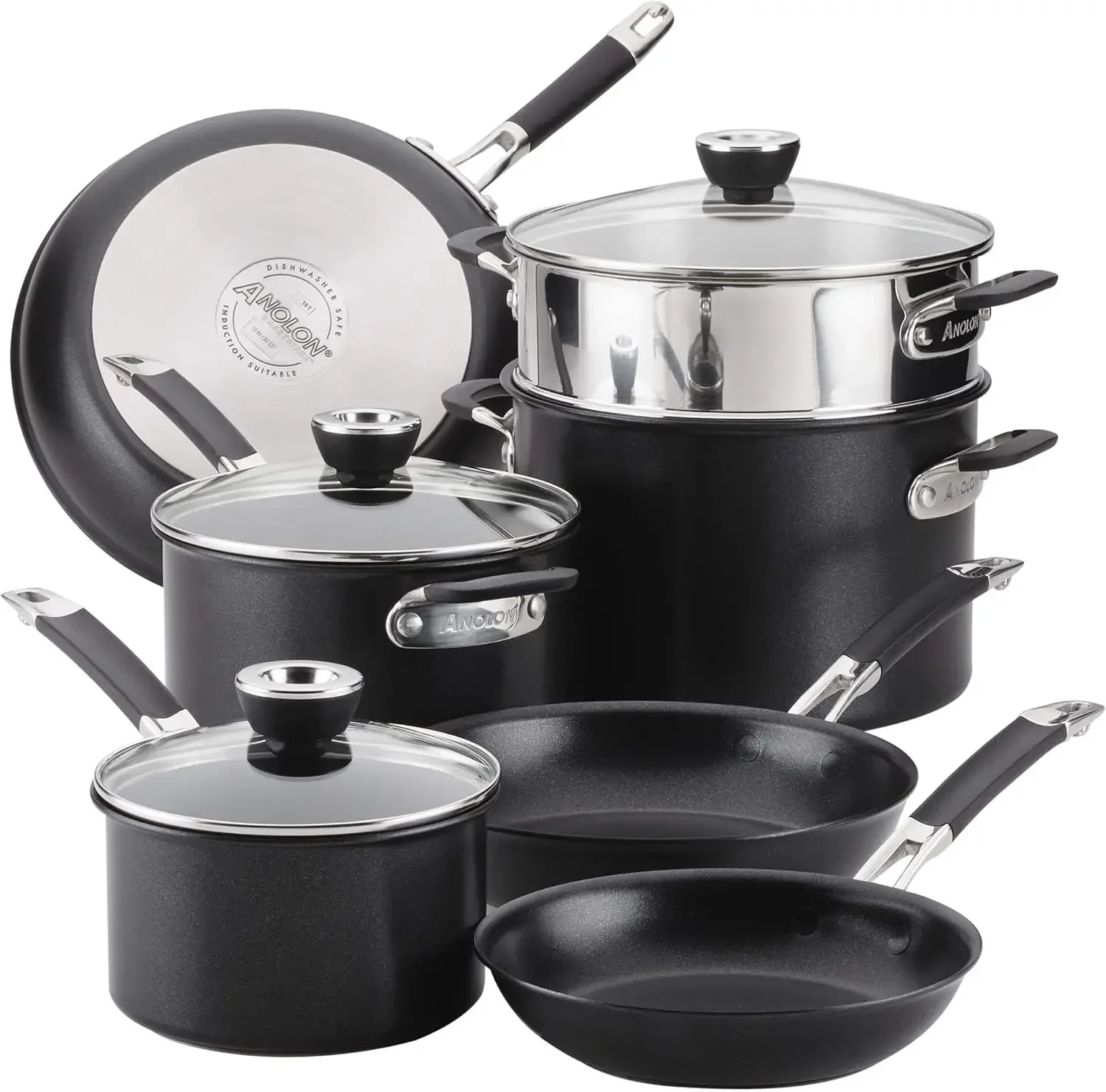 

Anolon, Bla SmartStack Hard-Anodized Nesting Pots and Pans Cookware Set, 10-Piece, Black, 23.5 x 14 x 13.5 inches kitchen