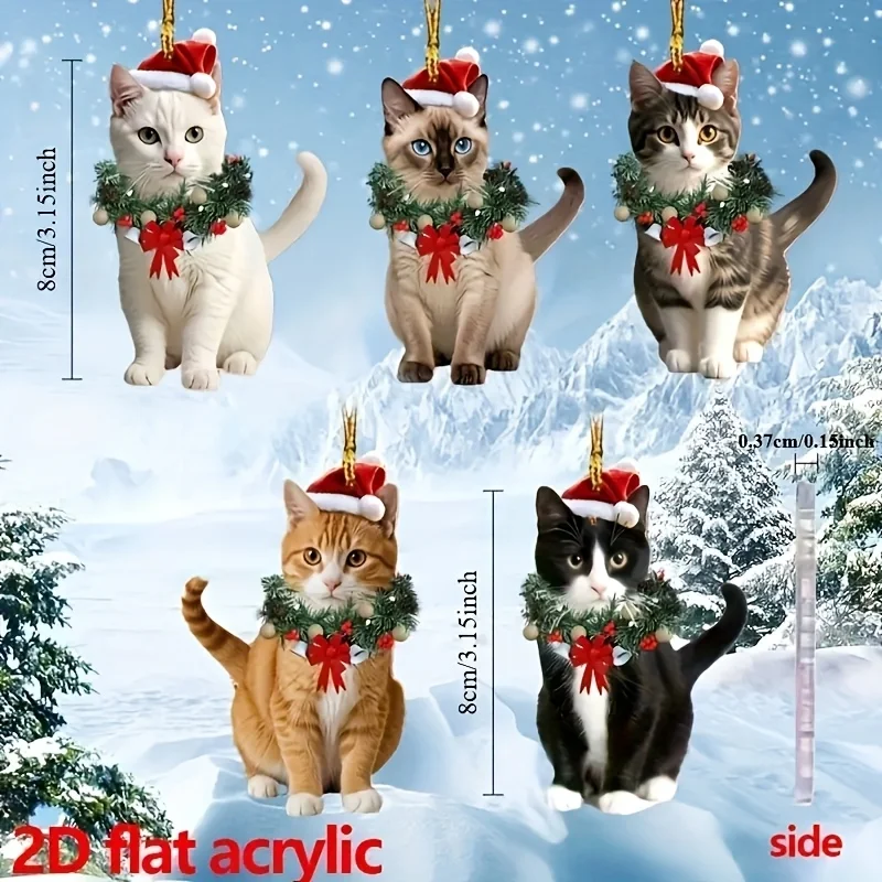 

5pcs Christmas Pendant 2D Acrylic Pendant Cat Wearing Xmas Wreath Charm Car Hanging Ornament Home Office Parties Decorations