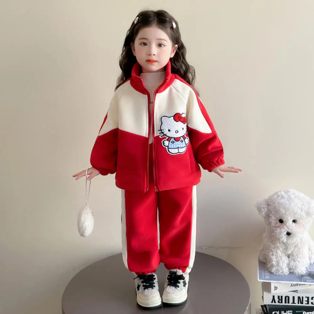 

Sanrio Hello Kitty флисовый повседневный спортивный костюм для девочек, бейсбольная форма Kawaii с героями мультфильмов, детская зимняя одежда, комплект из двух предметов