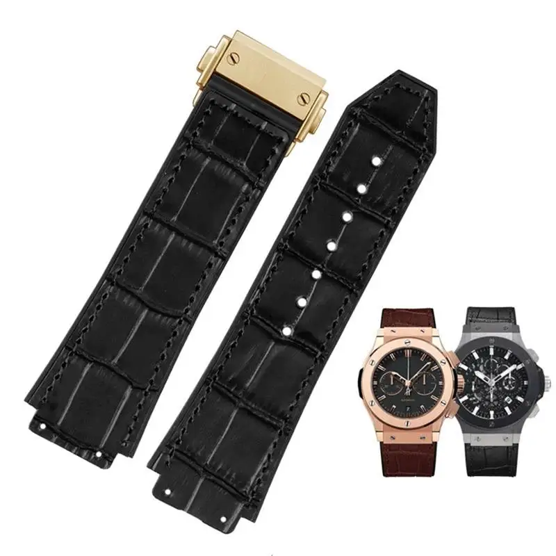 

PCAVO New Real Cow Leather Rubber Brown Black Watch Band 26*19mm For Hublot Strap BIG BANG Watchband Stainless Buckle