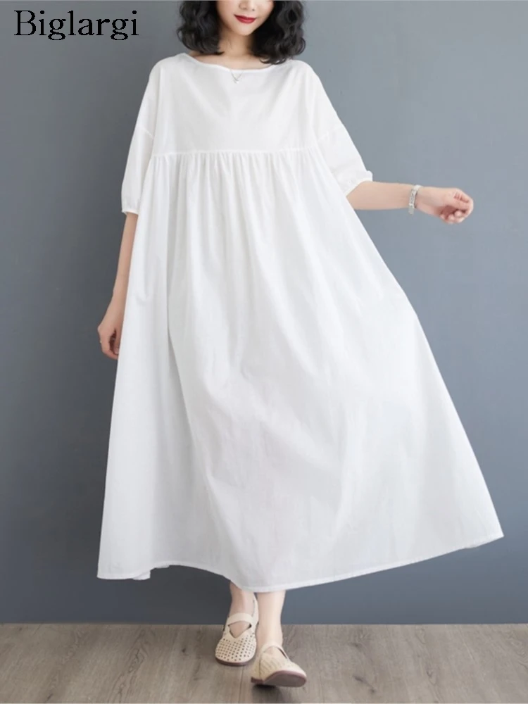 

Oversized Summer Long Dress Women Short Sleeve Fashion Loose Ruffle Pleated Ladies Dresses Casual A-Line Woman Dress