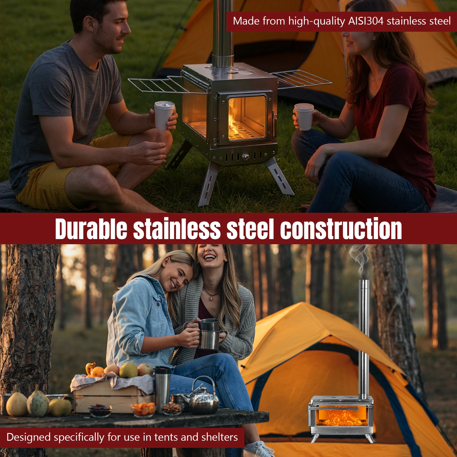 

Backyard Cooking Stove with Chimney Pipe Clean Burning Heating Stove Rust Proof for Tents Shelters Camping