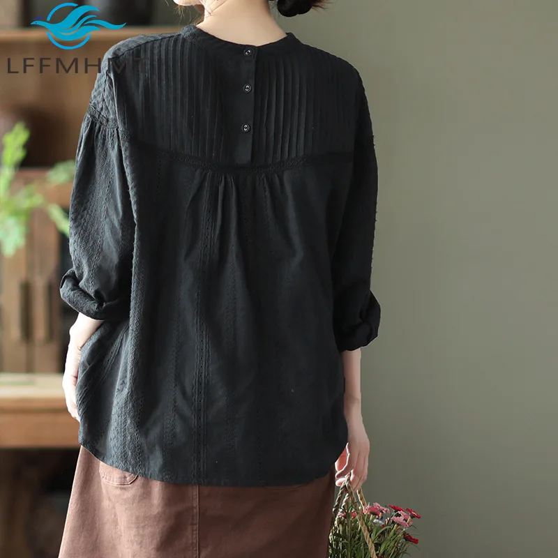 

Fresh Sweet Cotton Long Sleeve Shirt for Women Accordion Pleats Lace Hollow Out Splicing Design Solid Color Loose Pullover Tops