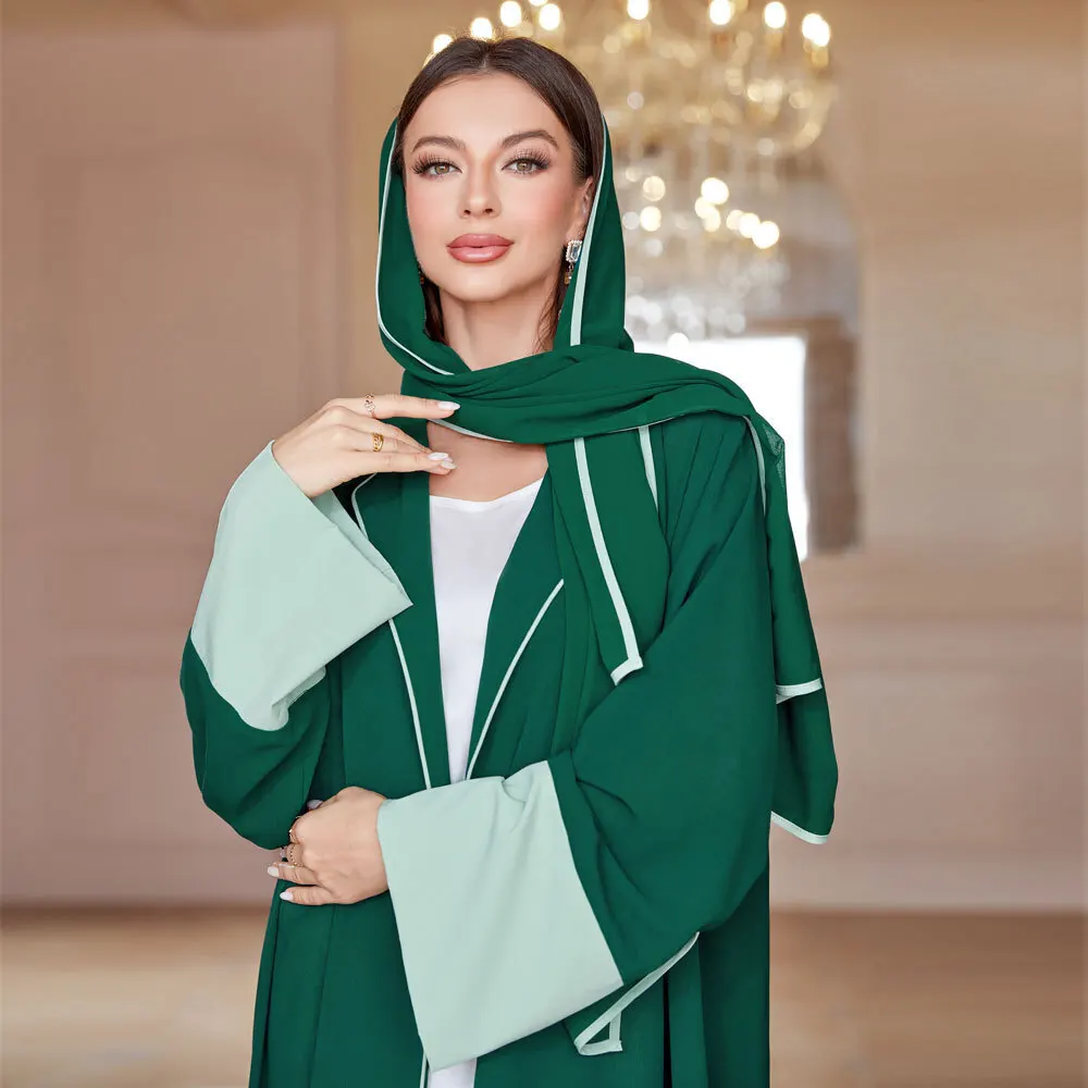 FC-100301 Autumn New Fashionable and Elegant Casual Women's Shirt Splicing Solid Color Robe with Headscarf