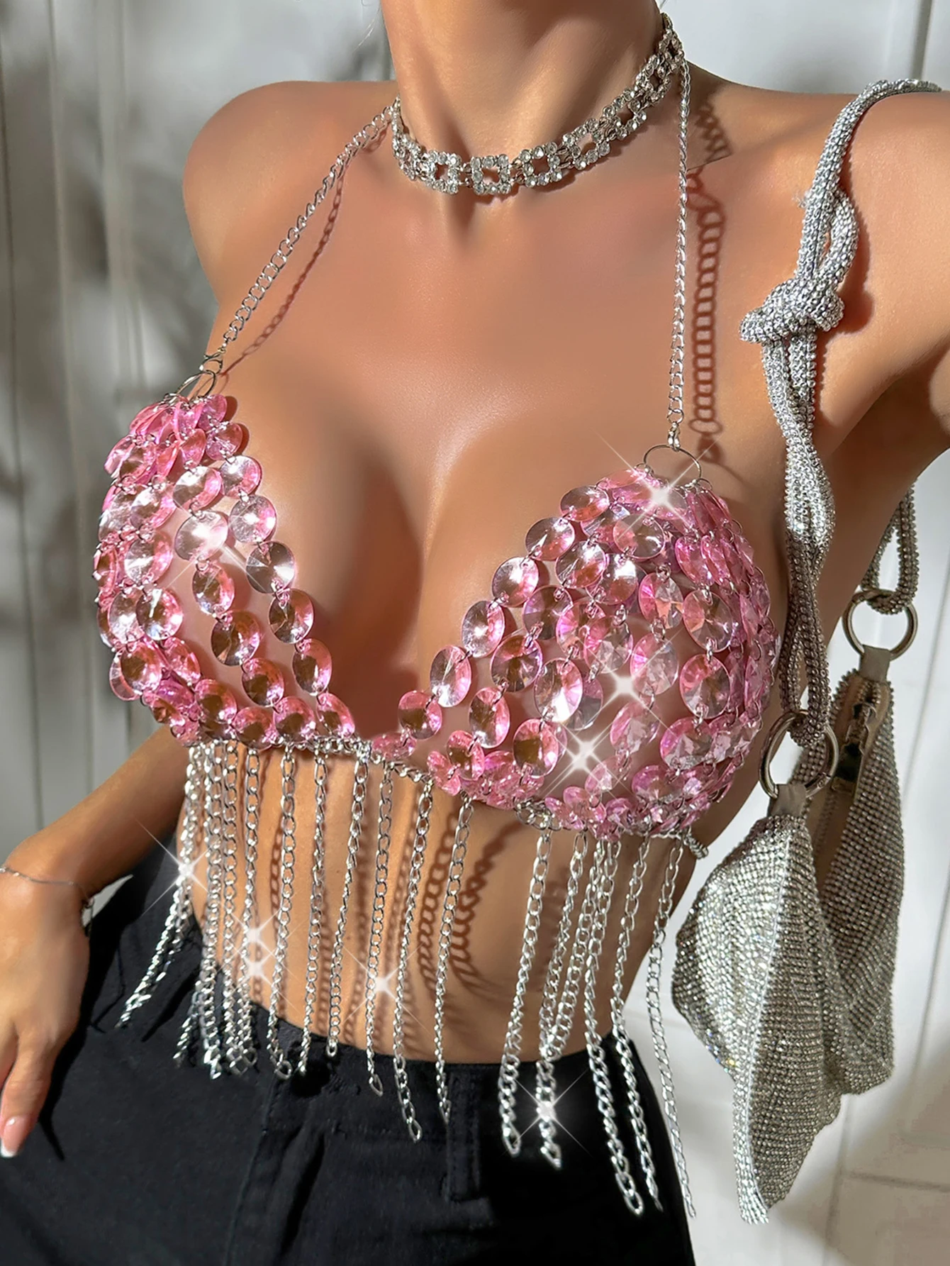 Sexy pink metal rhinestone corset crop top women summer y2k clothes see through beach halter tank top club party rave oufit tops