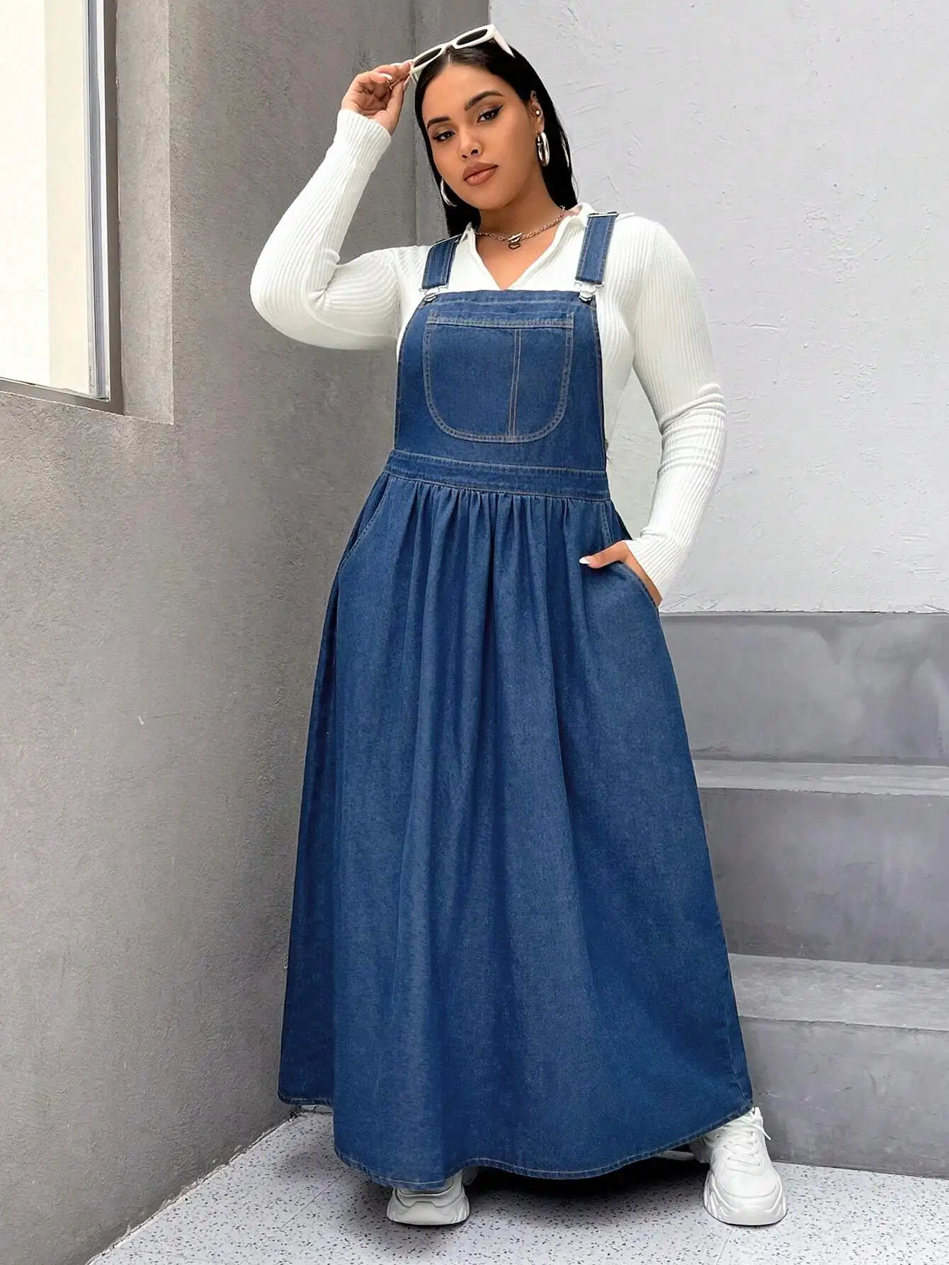 

Plus Size Women's Denim Pinafore Dress with Pockets, Loose Fit, Mid-Calf Length