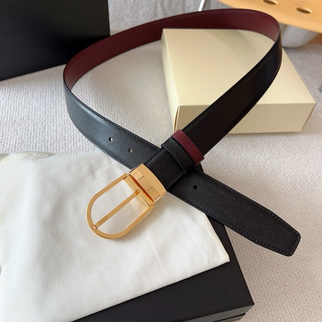 Luxury Brand Men's Reversible Cross‑Grain Belt Rotatable D Pin Buckle Black Wine Red Dual‑Sided Business Formal Waist Strap