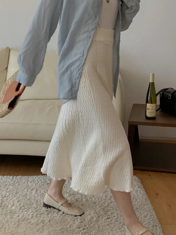 Fashion Knitted Long Skirts Elastic High Waist Temperament Elegant Half Skirt 2024 Autumn and Winter New Loose White Skirt