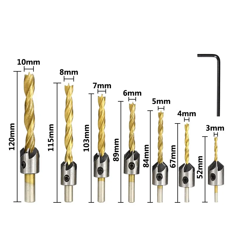 Set di punte per svasatore HSS per utensili per la lavorazione del legno con foro per vite a chiave esagonale dimensioni 3/4/5/6/7/8/10mm