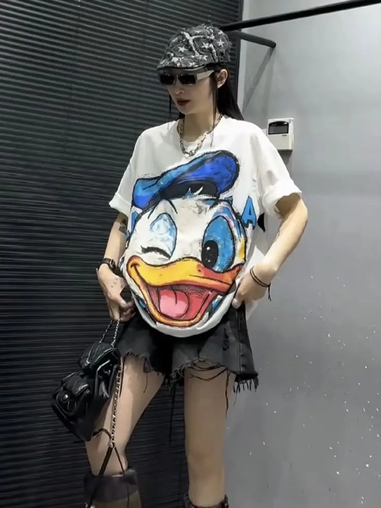 

plus Size Women's T-Shirt Summer 2026 Glitter Cartoon Print Loose Short Sleeve Cotton Fashion Top