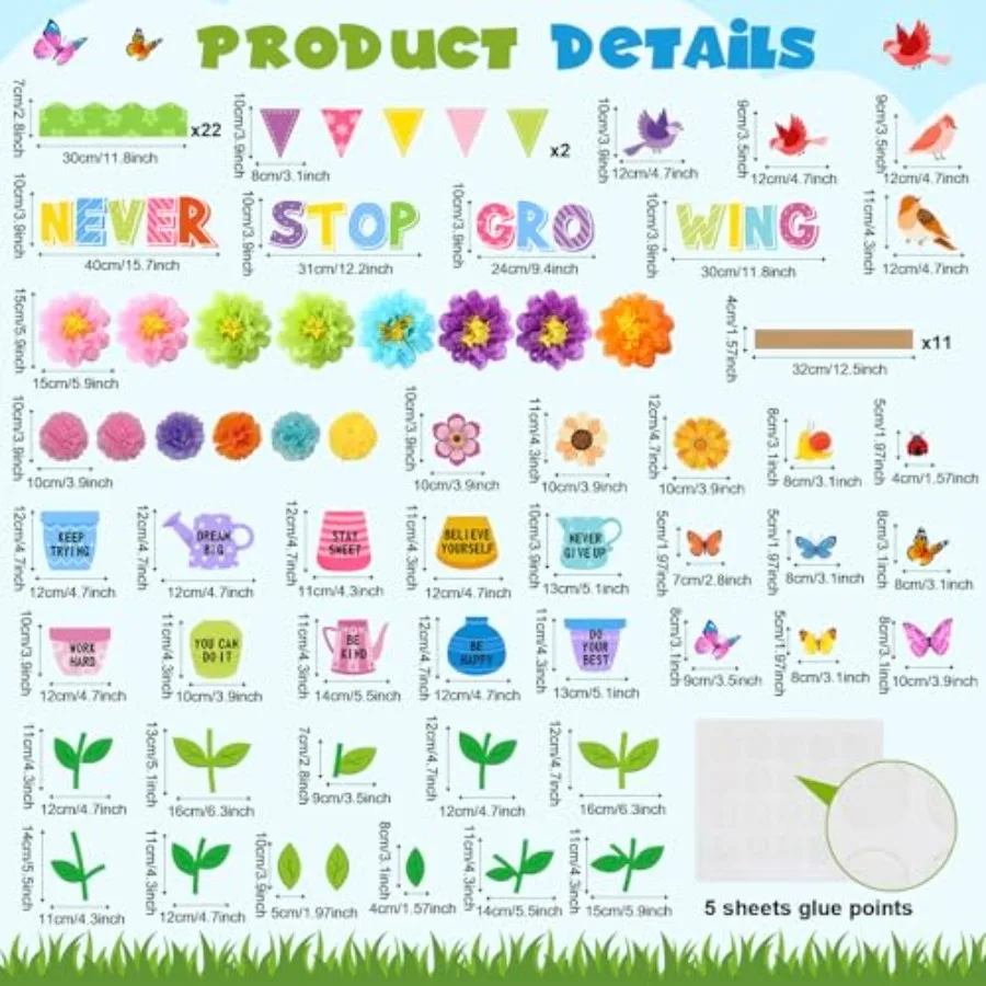 73 Pcs Spring Bulletin Board Decoration Set with 3D Paper Flower Never Stop Growing Classroom Decor Inspirational Bulletin Boar