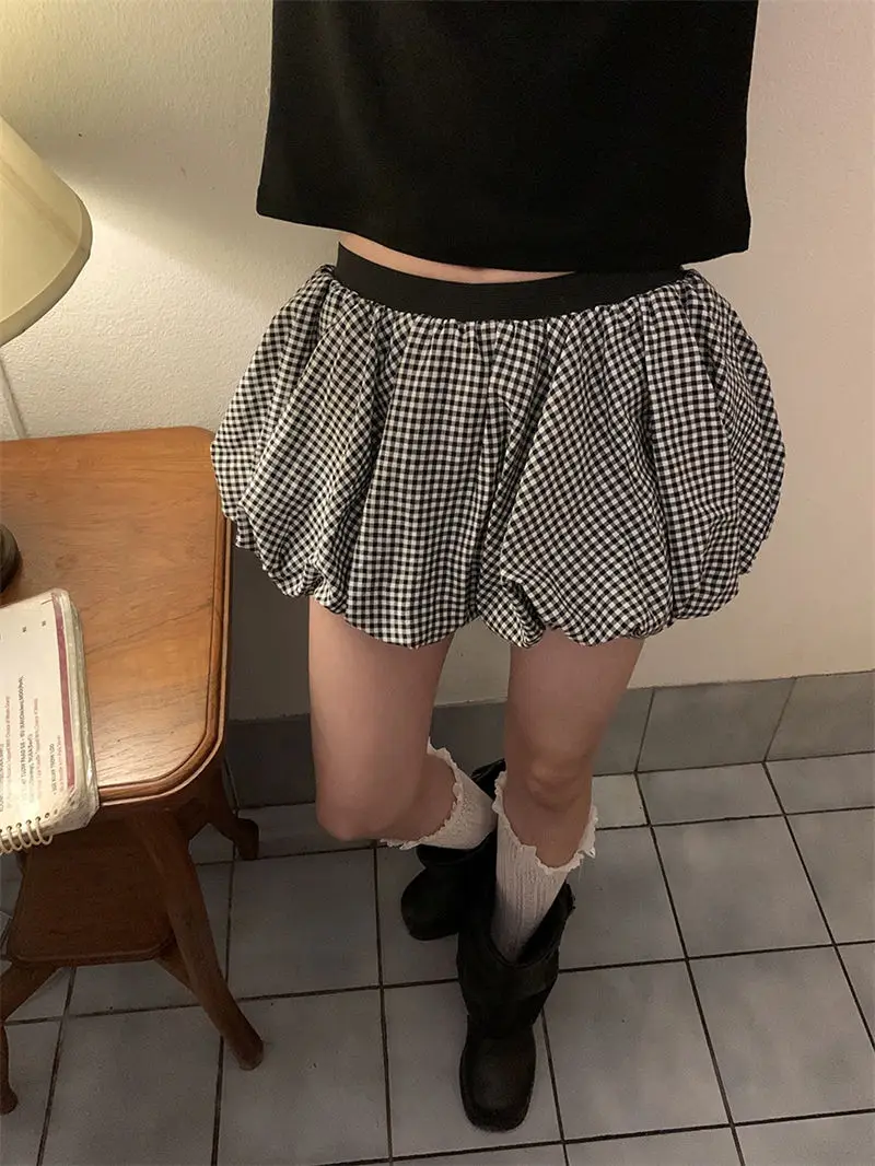 2025 Spring Summer New Retro Plaid Puffy Flower Bud Half Skirt Hot Girl High Waist Elegant A-Line Short Skirt