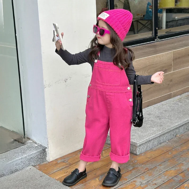 Spring Autumn Girls Jumpsuit Baby Overall Kids Bodysuit Children Suspender One Piece Fashion Pink Pocket Denim Cotton 2-7Y