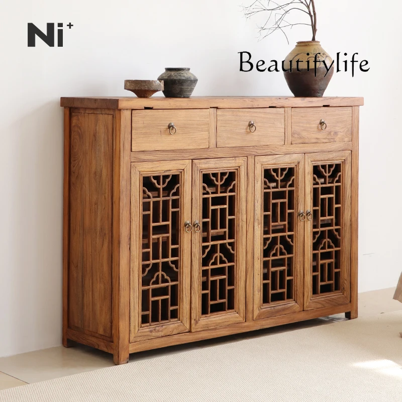 

Solid wood dining side cabinet retro style tea room cabinet elm wood carving flower window hollow old Chinese side cabinet