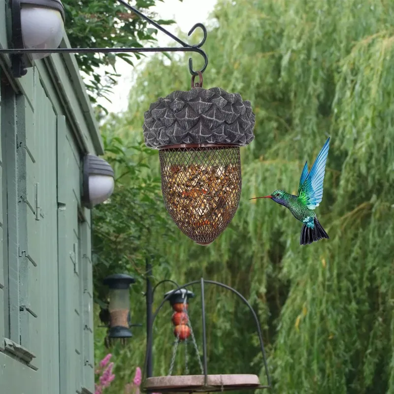 Hummingbird Acorn Metal Bird Feeder, Resin Garden Hanging Ornament, Outdoor Yard Horticulture Decor Craft