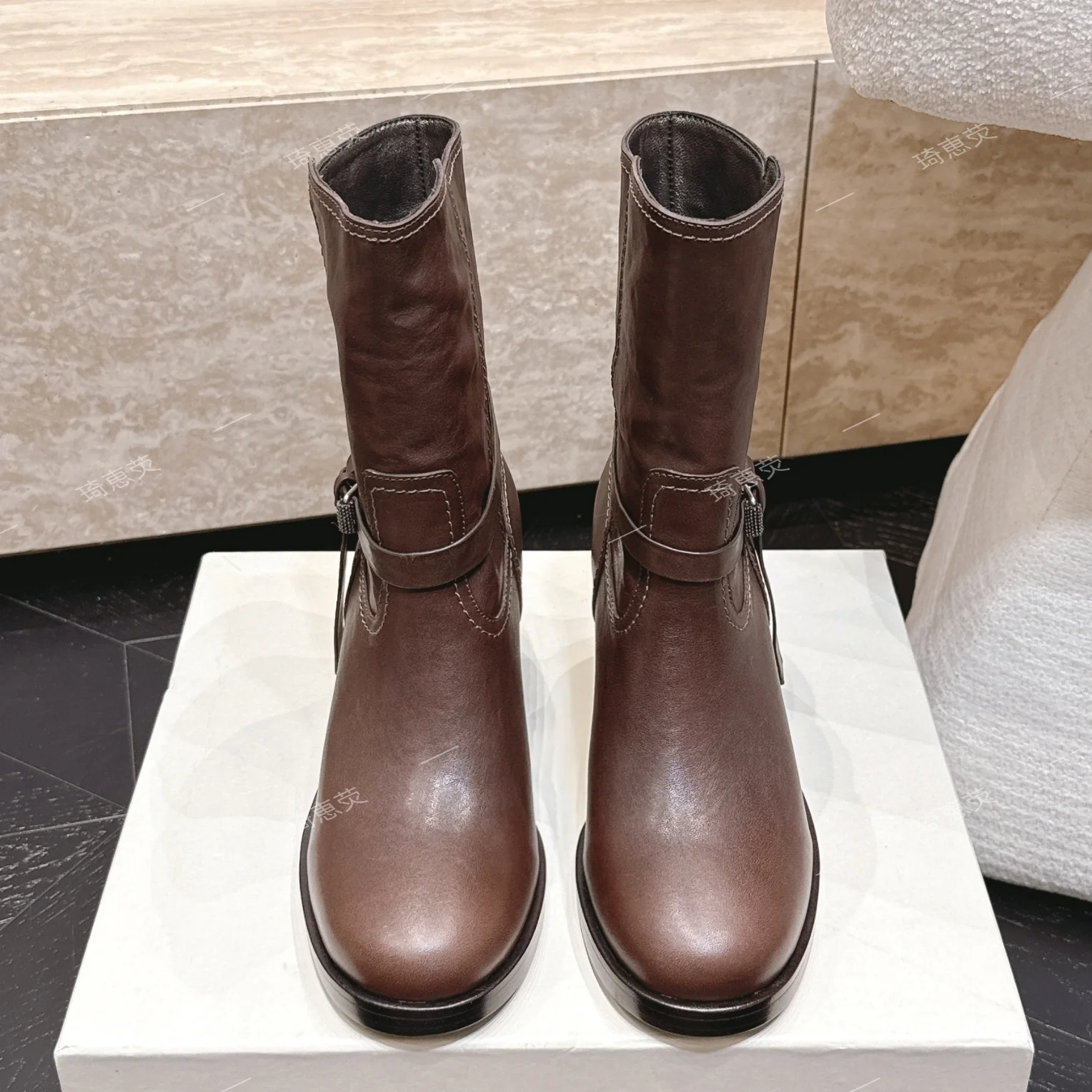 Top-Quality 2026 Retro Belt-Buckle Western Cowboy Boots Ankle Boots Mid-Calf Riding Boots Nnd Chunky-Heeled Fashion Boots