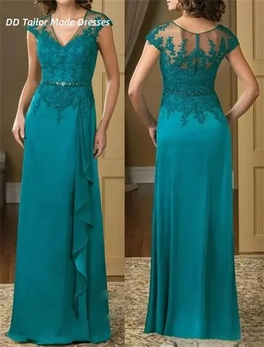 Turquoise Mother Of The Bride Dresses Long Elegant Guest Wedding Party Gown Lace Appliques V-Neck Customized Grrom Mom Wear