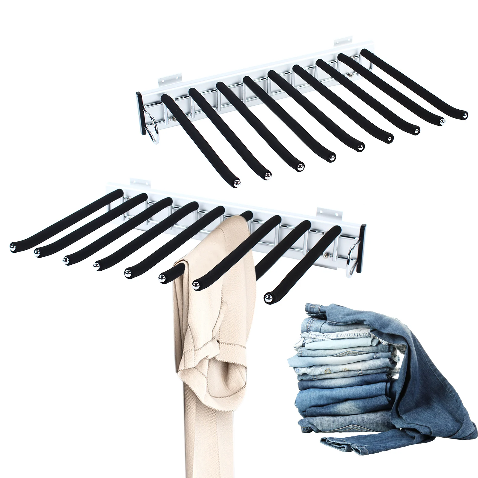 

Pull Out Wardrobe Trouser Rack, 9 Scarf Holder Hanger Rail, Extendable Trousers Hanger, Suitable for Wardrobe Depth 48 cm