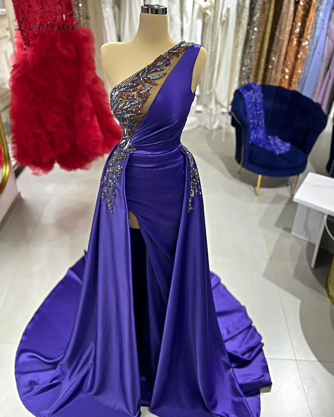

Fashionable Rhinestones Beads Evening Dresses For Women Mermaid One-Shoulder Party Dress With Slit